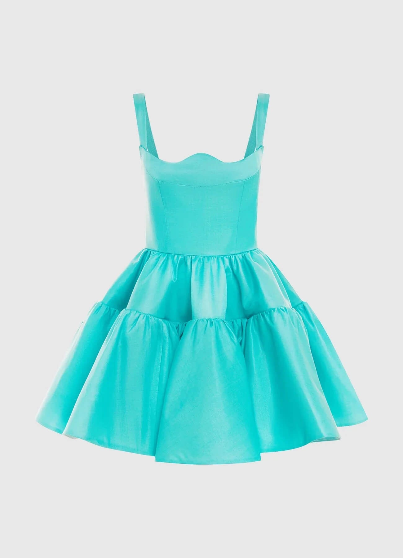 Woman wearing a turquoise structured mini dress with sweetheart neckline and full skirt — Leo Lin | Endless UAE