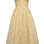 Woman wearing gold metallic lace tulle strapless midi gown with ruched waist — House of CB | Endless UAE