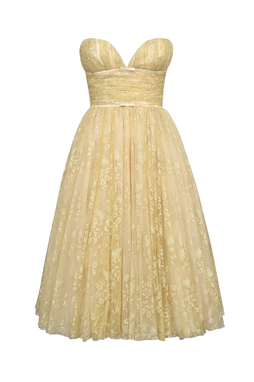 Woman wearing gold metallic lace tulle strapless midi gown with ruched waist — House of CB | Endless UAE