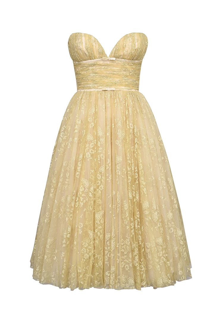 Woman wearing gold metallic lace tulle strapless midi gown with ruched waist — House of CB | Endless UAE