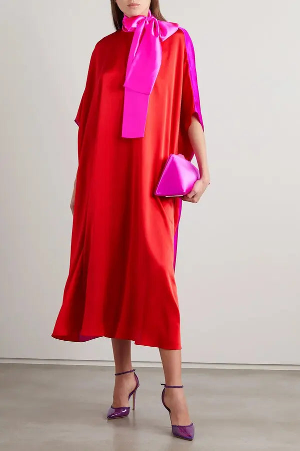 Red and magenta silk satin midi dress with matching accessories — Halpern | Endless UAE