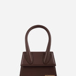 Small brown leather tote bag with curved top handles and gold Jacquemus logo — Jacquemus | Endless UAE