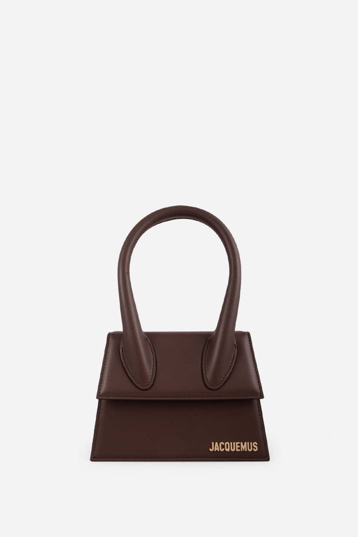 Dark brown leather mini tote bag with elongated handles and gold Jacquemus logo — Jacquemus | Endless UAE