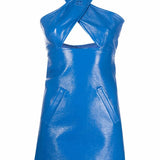 Electric blue faux leather mini dress with crossover halter neckline and front pocket details — Courrèges | Endless UAE