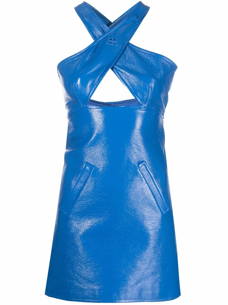 Electric blue faux leather mini dress with crossover halter neckline and front pocket details — Courrèges | Endless UAE