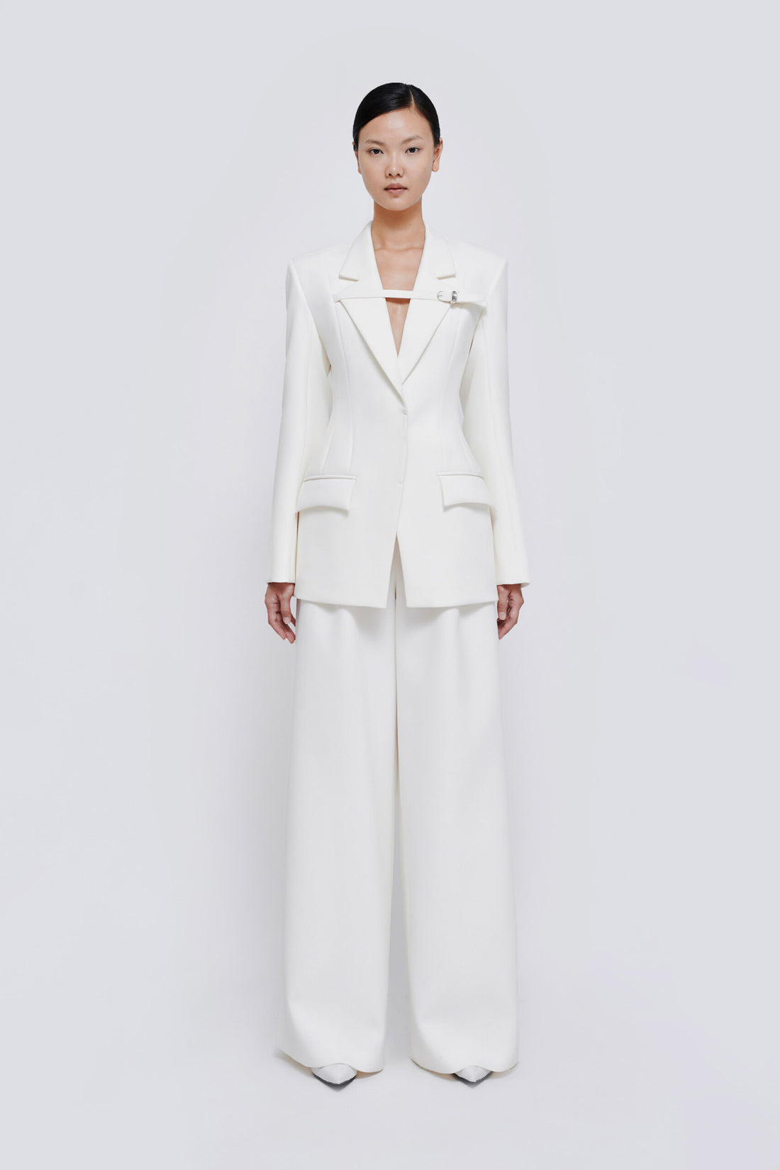 White tailored blazer and wide-leg trousers co-ord set with structured shoulders and peak lapels — Chats By C.Dam | Endless UAE
