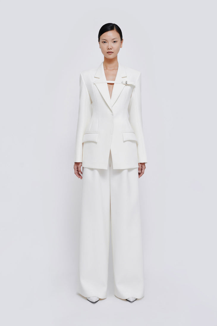 White tailored blazer and wide-leg trousers co-ord set with structured shoulders and peak lapels — Chats By C.Dam | Endless UAE