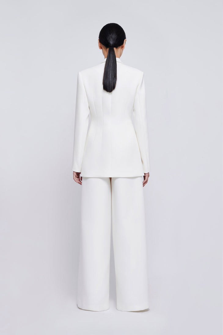 Rear view of white Vauban Co-ord Set featuring tailored blazer and wide-leg trousers — Chats By C.Dam | Endless UAE