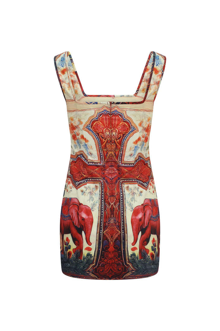 Santa Maria Printed Mini Dress in red and cream with ornate baroque pattern — Scorpio Rizing | Endless UAE