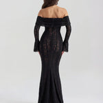 Black lace off-shoulder maxi dress with long sleeves and train — Almond Muse | Endless UAE