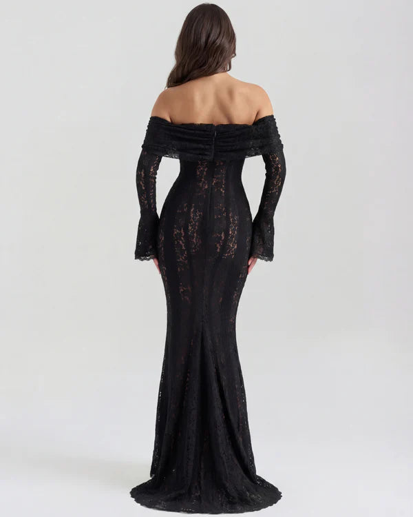 Black lace off-shoulder maxi dress with long sleeves and train — Almond Muse | Endless UAE