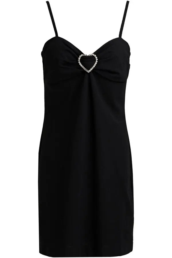 Black satin mini dress with thin straps and crystal heart embellishment at bust — Moschino | Endless UAE