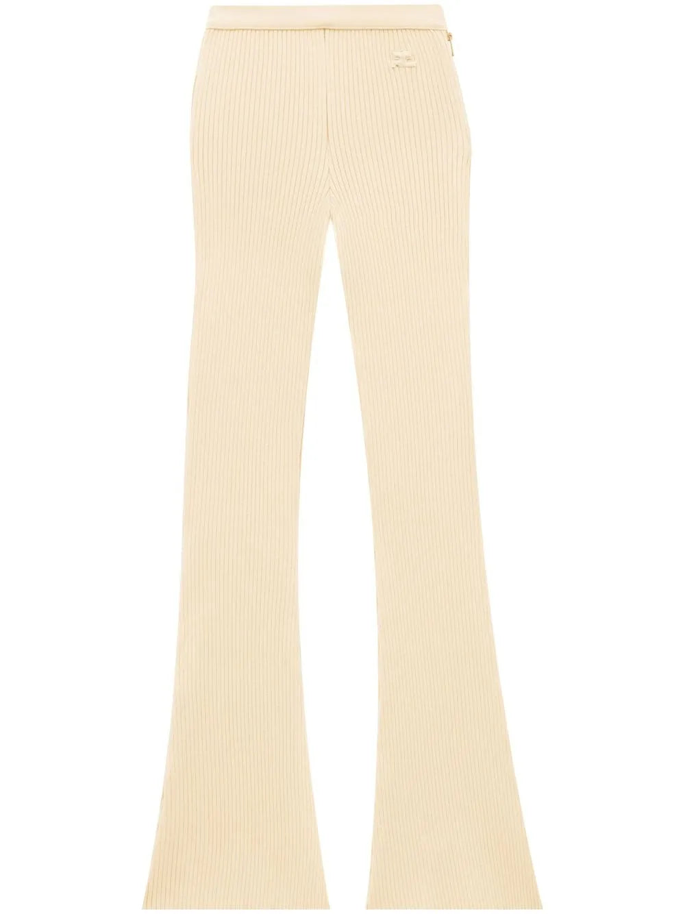 Cream ribbed knit flare pants with high waist and fitted silhouette — Courrēges | Endless UAE