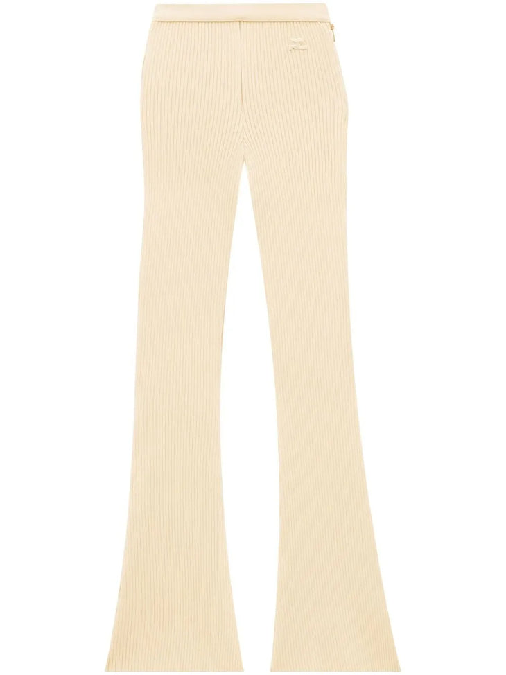 Cream ribbed knit flare pants with high waist and fitted silhouette — Courrēges | Endless UAE