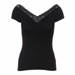 Black ribbed knit top with V-neck lace trim and short sleeves — Maje | Endless UAE
