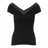 Black ribbed knit top with V-neck lace trim and short sleeves — Maje | Endless UAE