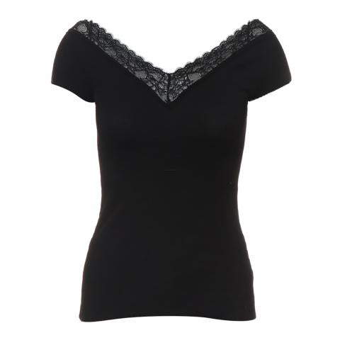 Black ribbed knit top with V-neck lace trim and short sleeves — Maje | Endless UAE