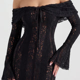 Black lace off-shoulder maxi dress with long sleeves and train — Almond Muse | Endless UAE