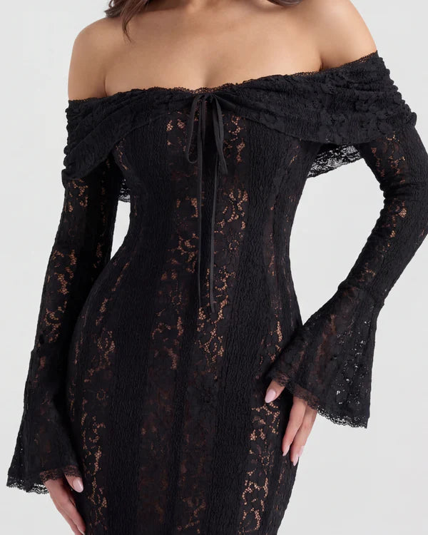 Black lace off-shoulder maxi dress with long sleeves and train — Almond Muse | Endless UAE