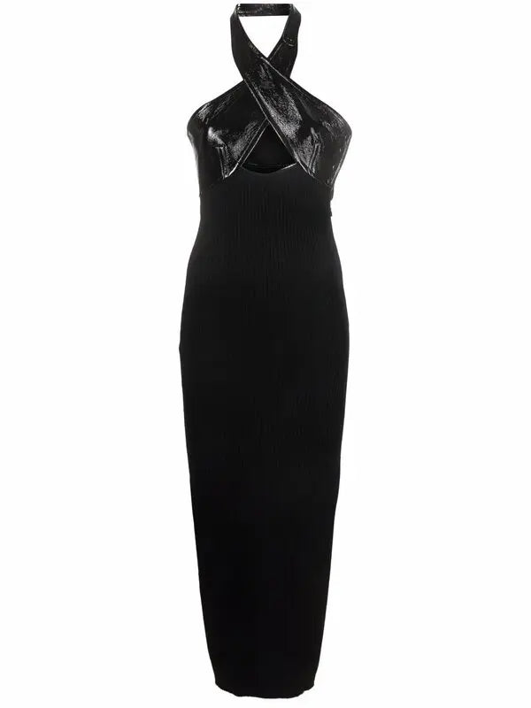 Black midi dress with criss-cross leather halter neckline and cut-out detail — Courrèges | Endless UAE