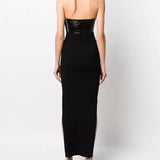 Black cut-out midi dress with halter neck and leather panel detail, back view — Courrèges | Endless UAE
