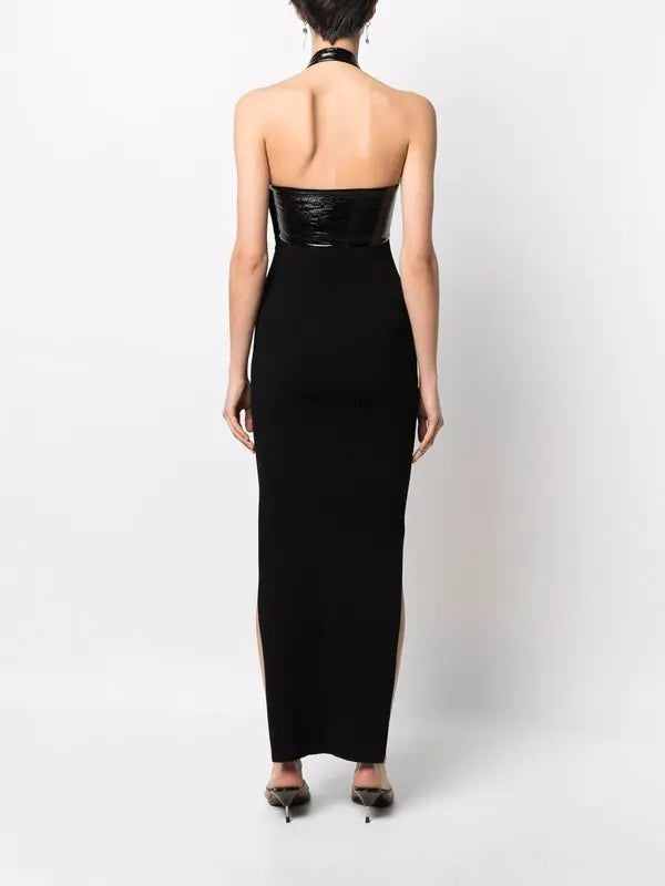 Black cut-out midi dress with halter neck and leather panel detail, back view — Courrèges | Endless UAE