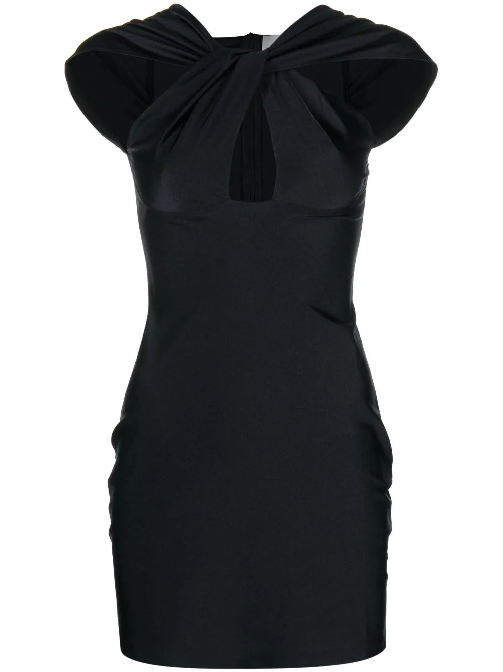 Black twisted cut-out mini dress with draped cap sleeves and fitted silhouette — Coperni | Endless UAE