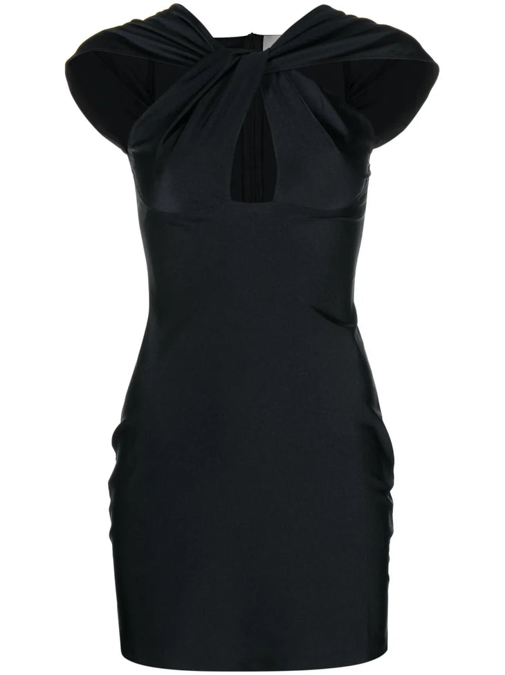 Black twisted cut-out mini dress with draped cap sleeves and fitted silhouette — Coperni | Endless UAE
