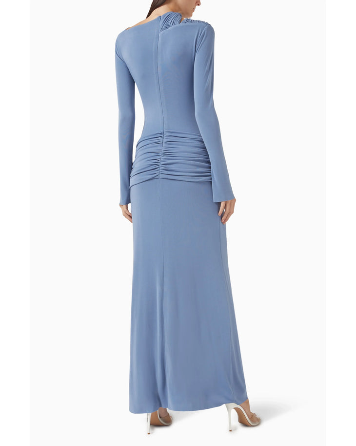 Amara Draped Dress in slate blue with long sleeves and ruched waist detail — CHATS by C.Dam | Endless UAE