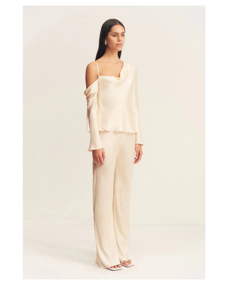 Lune Asymmetrical Long Sleeve Top in cream with cold shoulder detail — Shona Joy | Endless UAE