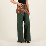 Usha Patchwork Denim wide-leg pants with colorful traditional patchwork waistband and solid green legs — Quab | Endless UAE