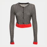Black geometric patterned crop cardigan with red waistband and cuffs — Bottega Veneta | Endless UAE