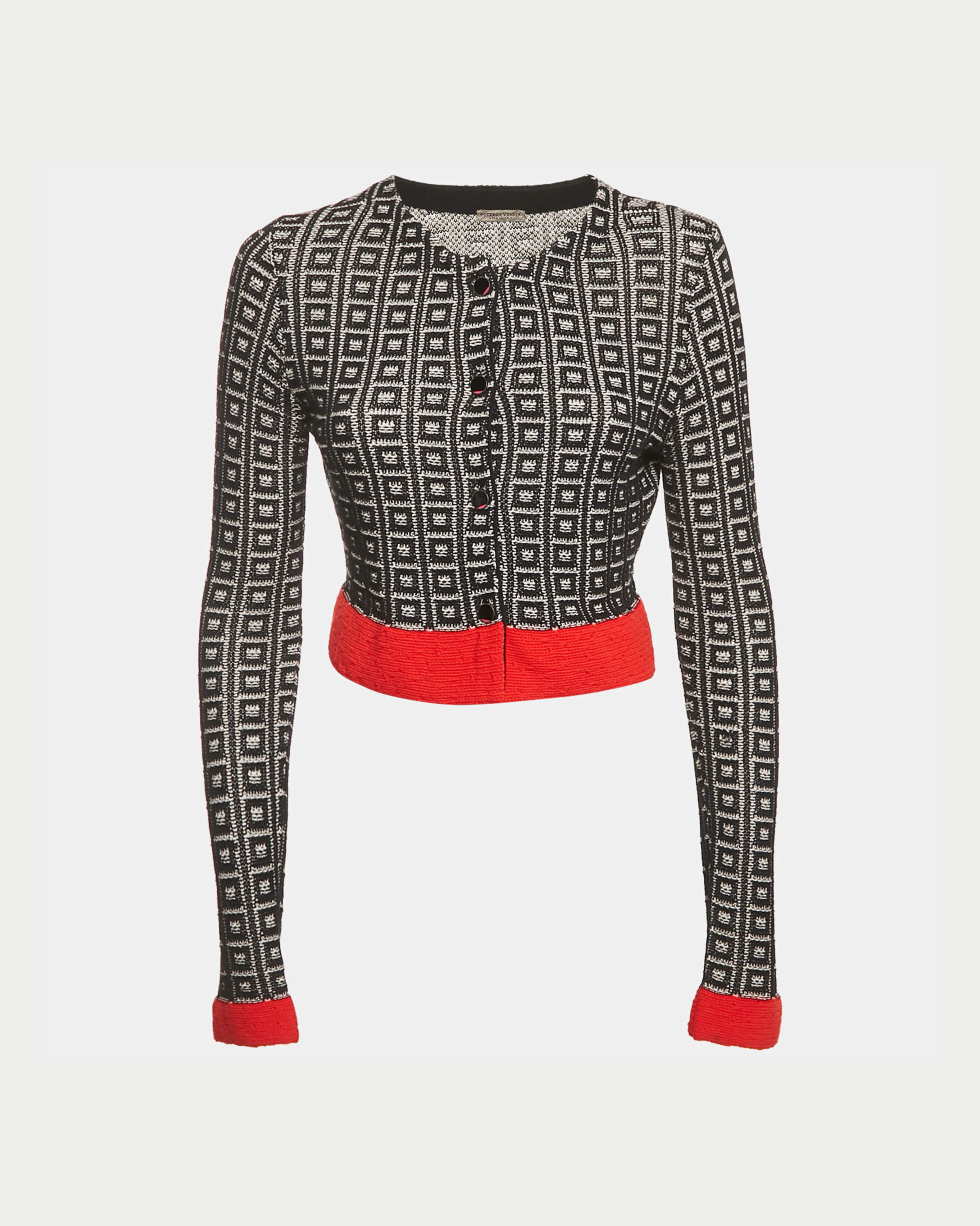 Black geometric patterned crop cardigan with red waistband and cuffs — Bottega Veneta | Endless UAE