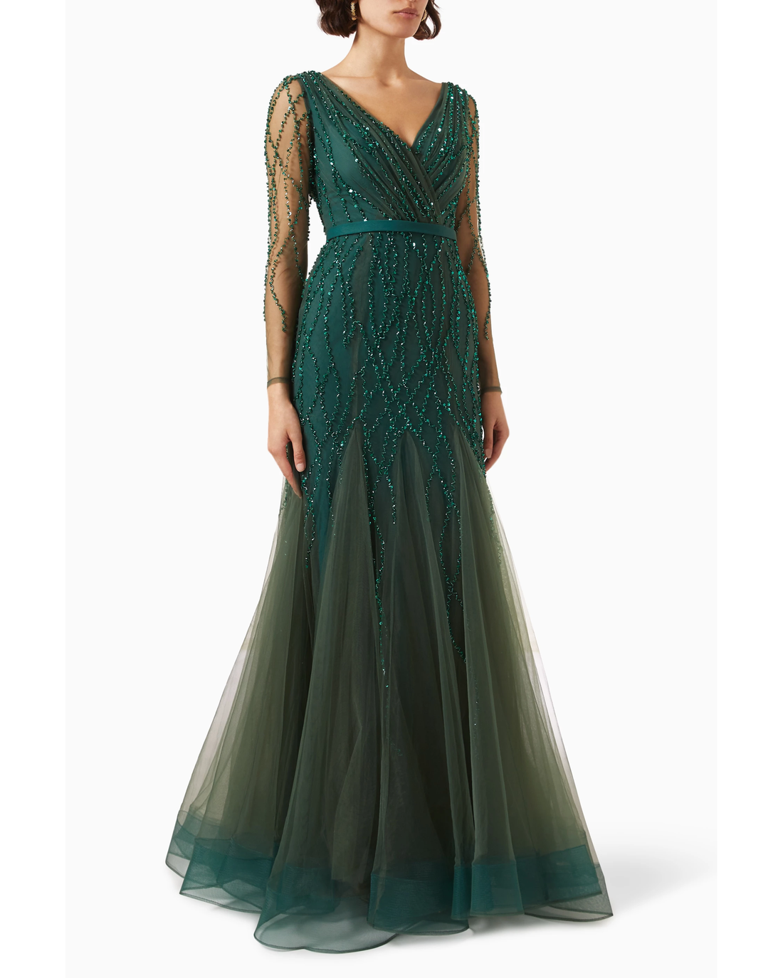 Emerald green long sleeve tulle gown with sequin beading and V-neckline — Basix | Endless UAE