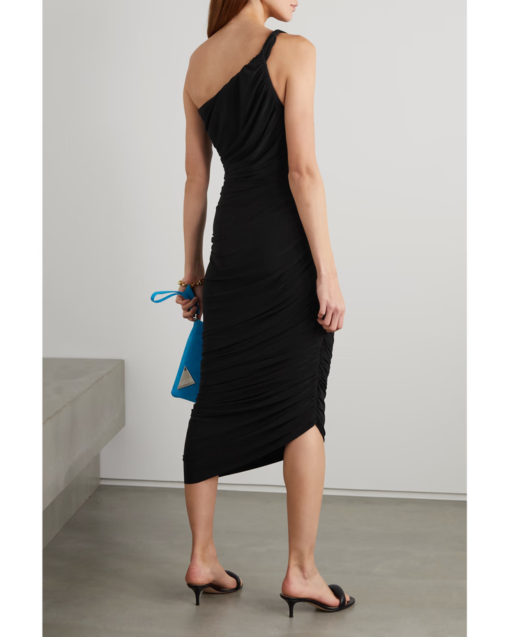 Black one-shoulder ruched jersey gown with blue clutch — Norma Kamali | Endless UAE