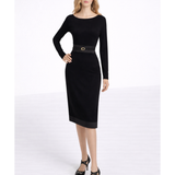 Black long-sleeve bodycon dress with leather belt detail and midi length — Fendi | Endless UAE