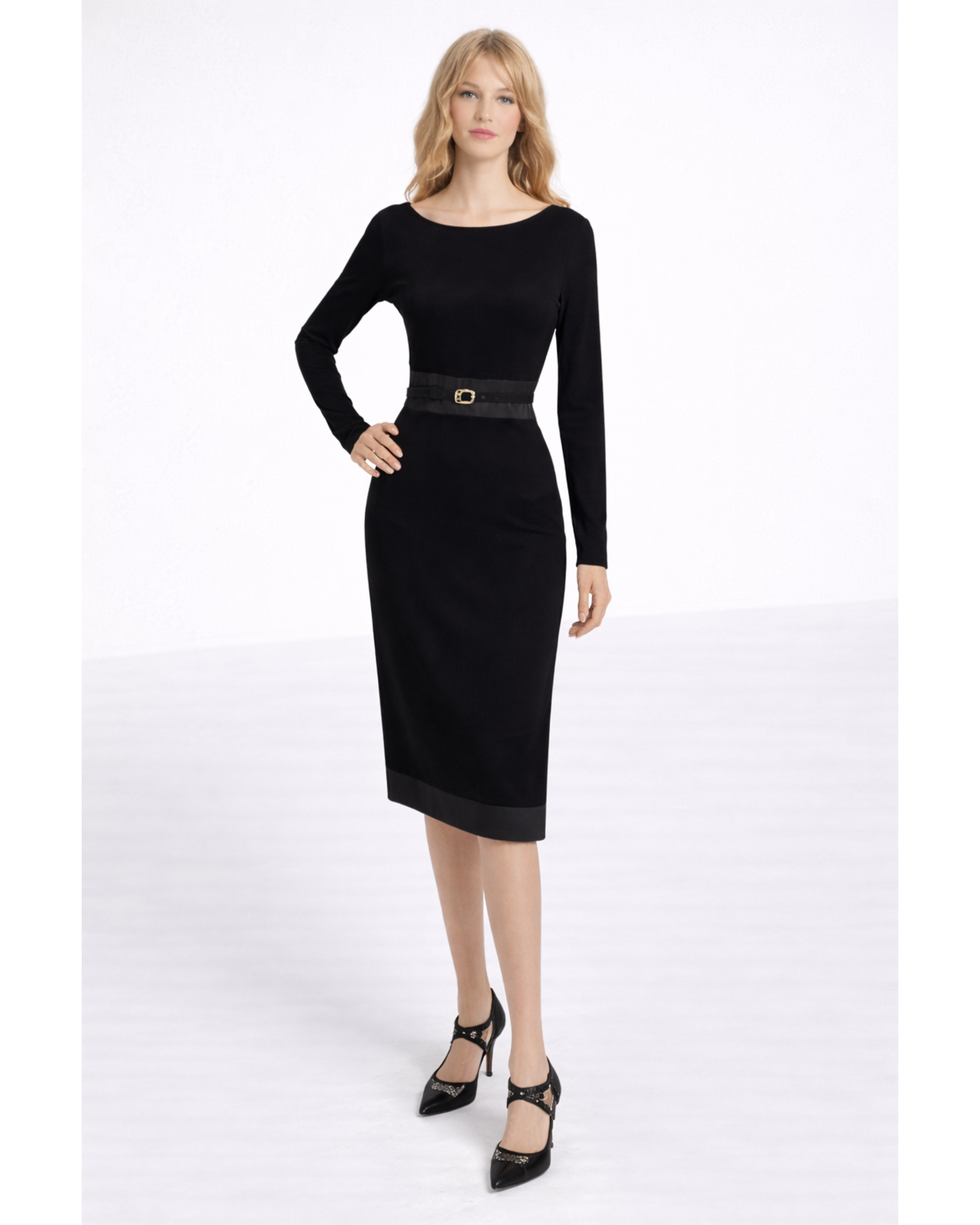 Black long-sleeve bodycon dress with leather belt detail and midi length — Fendi | Endless UAE