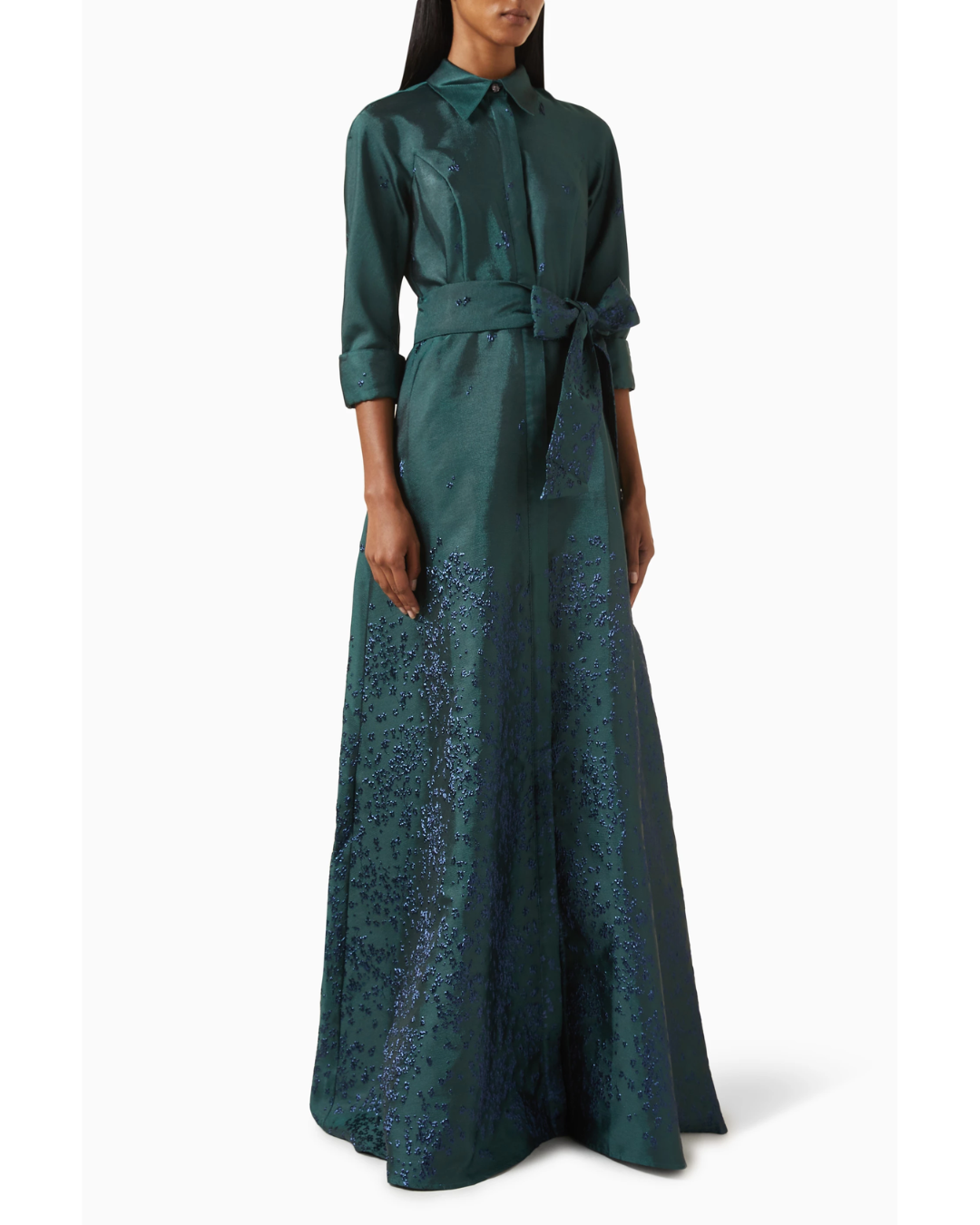 Emerald green belted shirt dress with floral embellishment detail — Teri Jon | Endless UAE