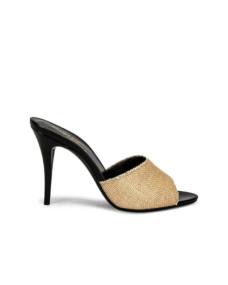 Beige canvas LA 16 mules with black leather trim and heel — Yves Saint Laurent | Endless UAE