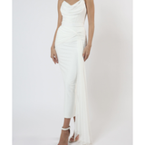 White draped midi dress in crepe-chiffon with cowl neckline and side slit — Zeena Zaki | Endless UAE