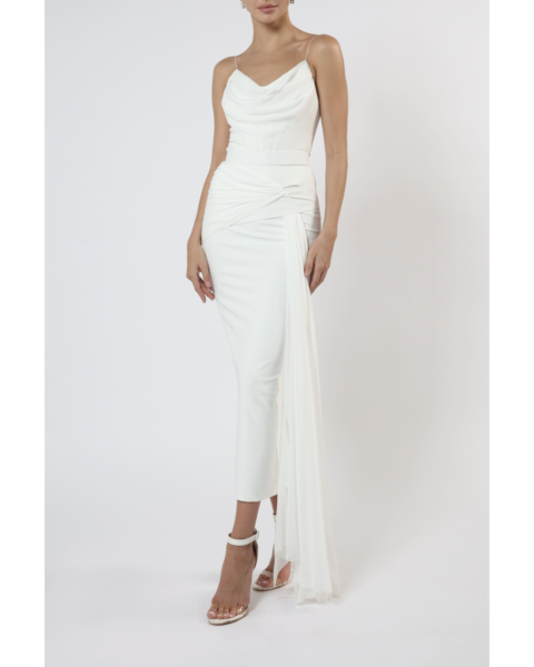 White draped midi dress in crepe-chiffon with cowl neckline and side slit — Zeena Zaki | Endless UAE