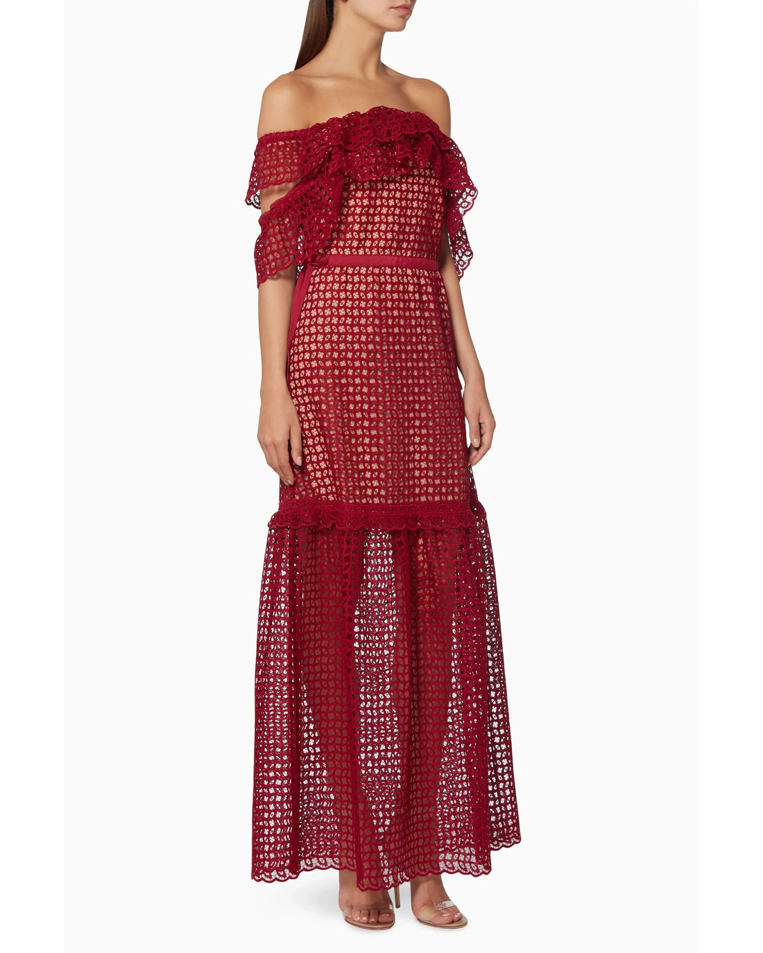 Red off-the-shoulder lace dress with ruffled sleeves and cutwork detailing — Self-Portrait | Endless UAE
