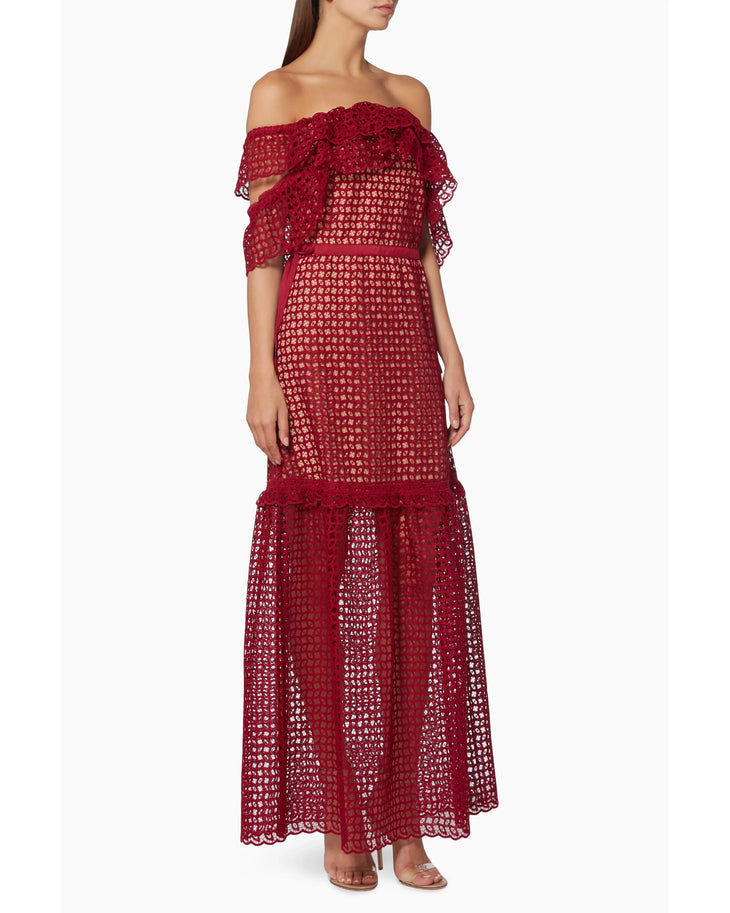 Red off-the-shoulder lace dress with ruffled sleeves and cutwork detailing — Self-Portrait | Endless UAE