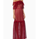 Red Off-The-Shoulder Frill Cutwork Dress