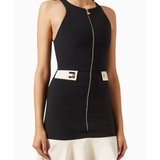 Woman wearing black and cream mini dress with gold turn-lock belt and chain shoulder bag — Elisabetta Franchi | Endless UAE