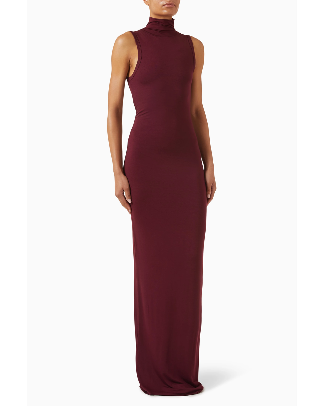 Burgundy sleeveless turtleneck maxi dress with fitted silhouette — Eterne | Endless UAE