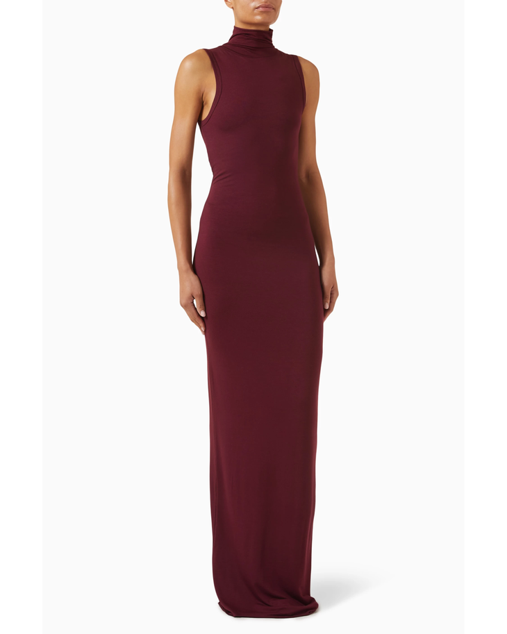 Burgundy sleeveless turtleneck maxi dress with fitted silhouette — Eterne | Endless UAE
