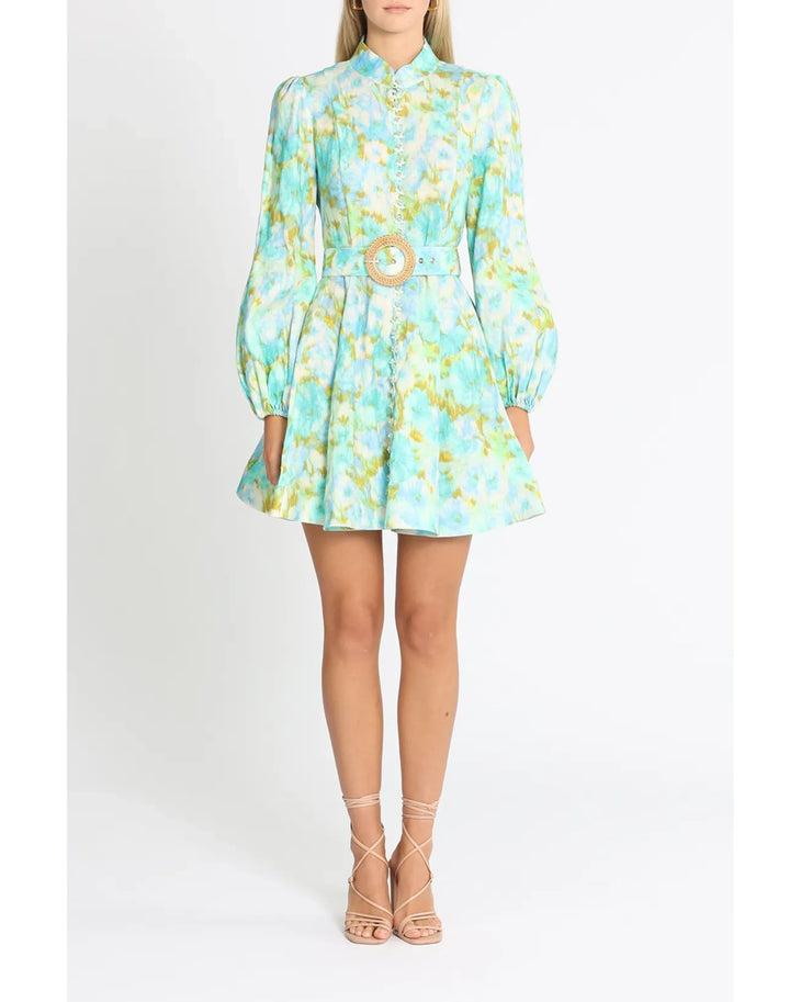 High Tide Button Mini Dress in aqua floral print with puff sleeves and woven belt — Zimmermann | Endless UAE
