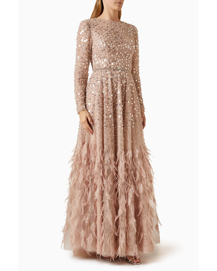 Blush pink sequin embellished long sleeve gown with feather hem detail — Mac Duggal | Endless UAE
