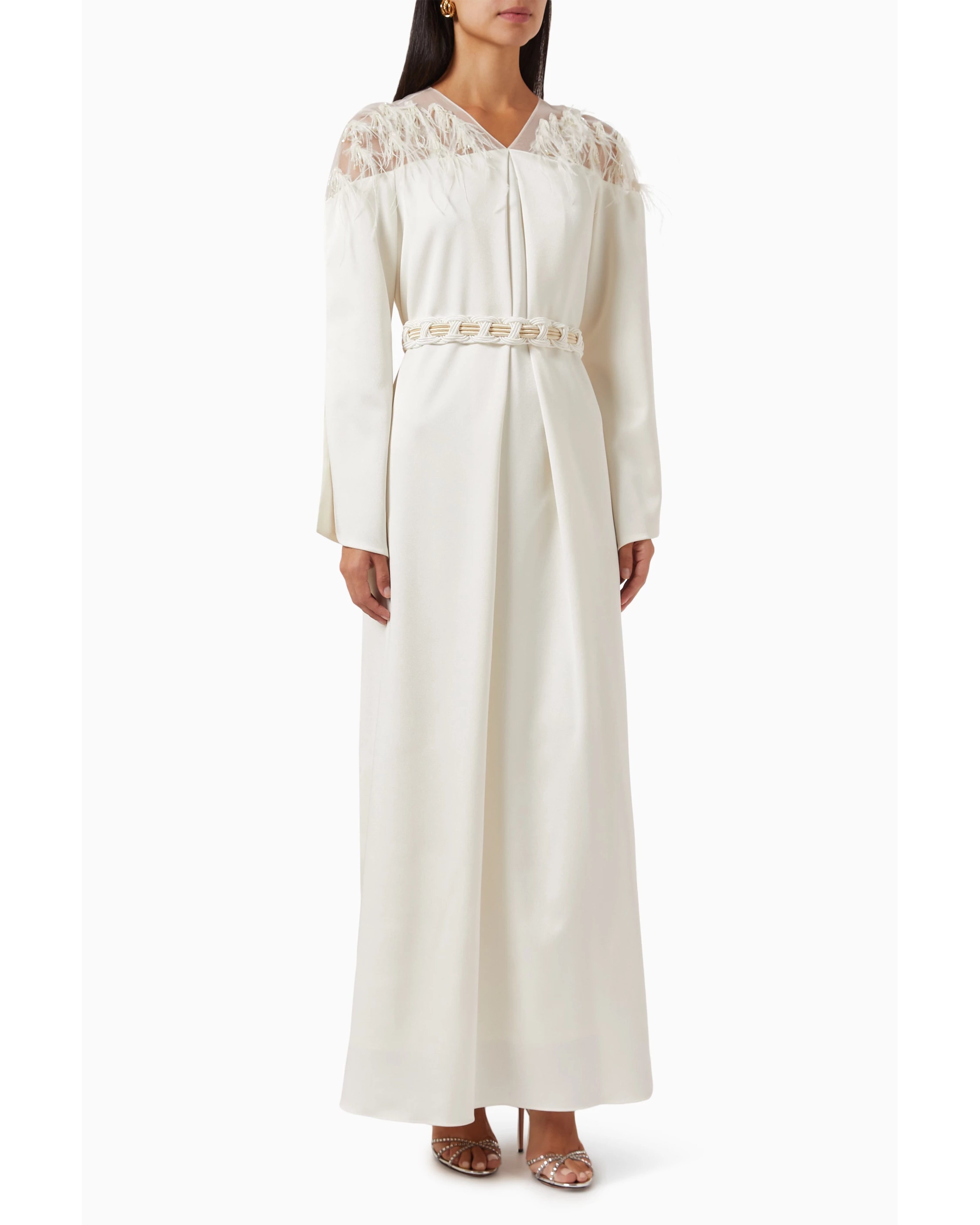 Elegant white maxi dress with lace shoulder detail and decorative braided belt at waist — Nass | Endless UAE